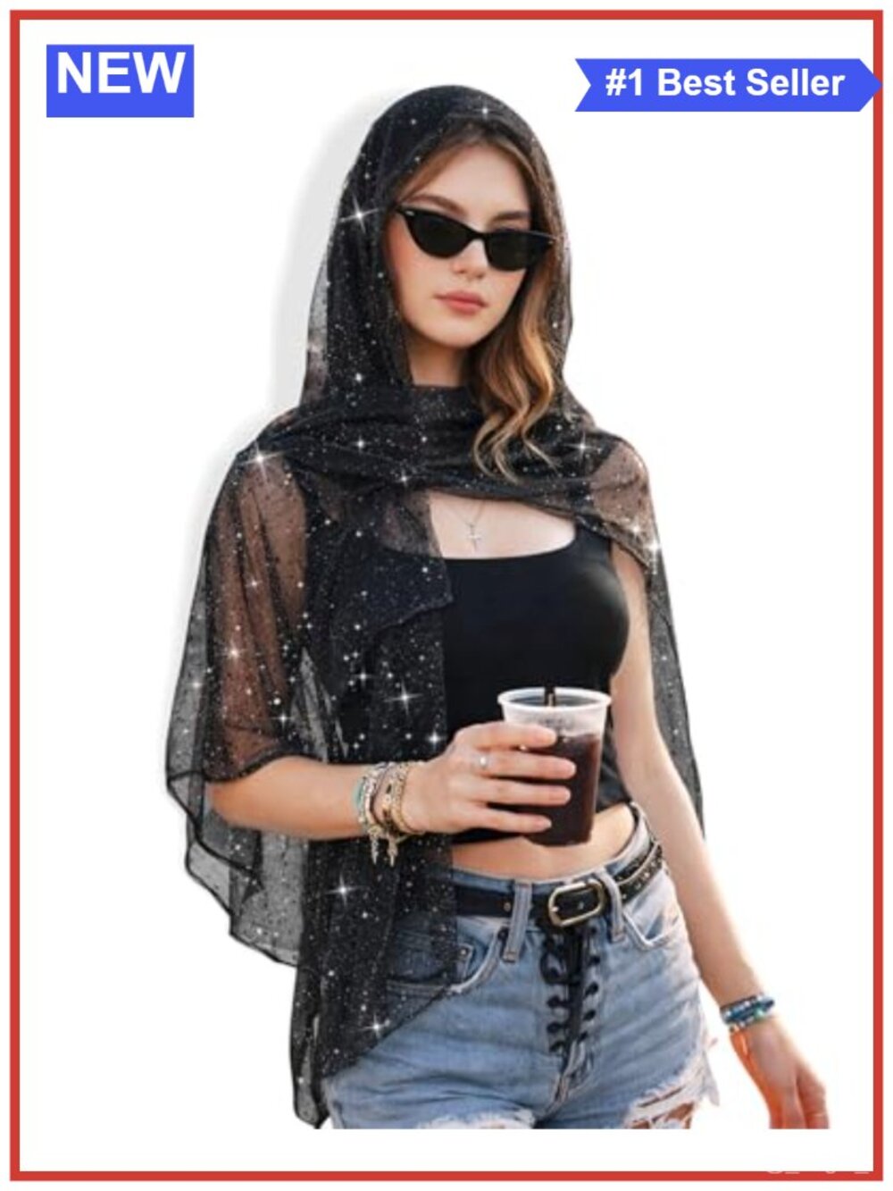 Sparkly Sheer Sequin Shawl Wrap Scarf for Women - Rave Head Neck Cover-Up